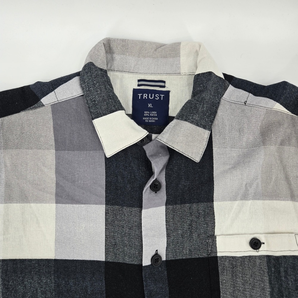 TRUST Linen Blend Shirt XL Grey Black Buffalo Plaid Short Sleeve Button Up EUC